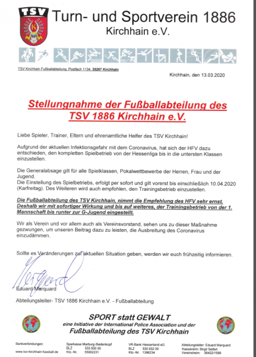 Corona Virus  Spiel-und Trainingsbetrieb eingestellt